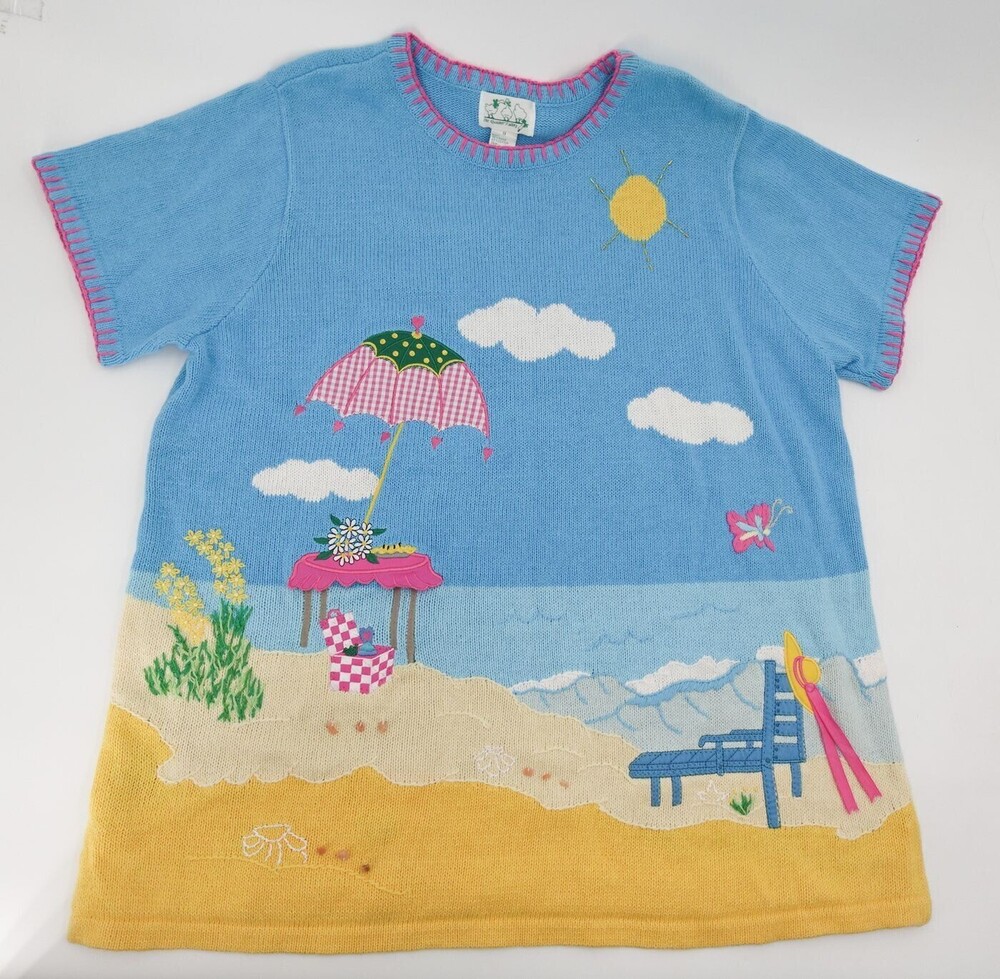 The Quacker Factory Pullover Sweater Womens 1X Blue Graphic Beach Scene Summer